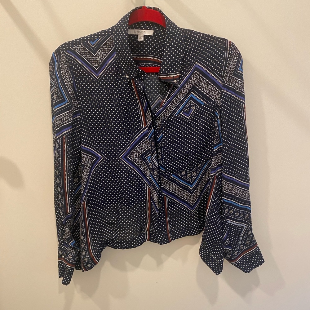 10 Crosby Derek Lam Navy and White Polka Dot Blouse